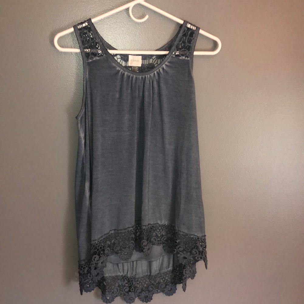 Denim/Blue distressed color lace high/low tank